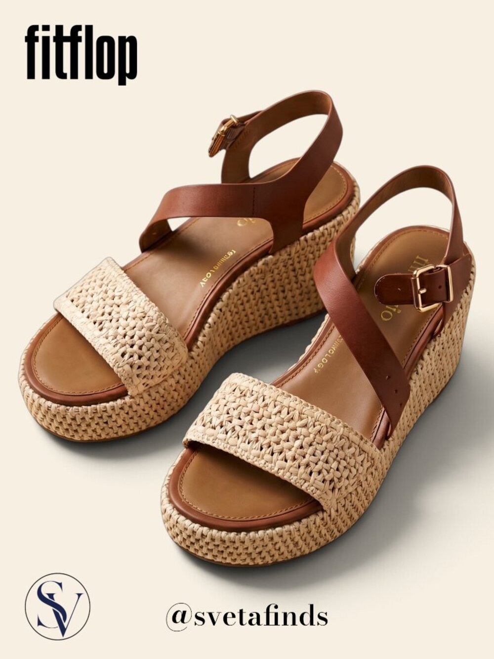 FitFlop Platfforms Woven Faux-Raffia Leather Wedge Sandals Tan Size 8
